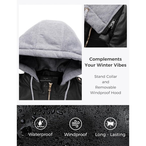 Wantdo Women Black-1 Motorcycle Short PU Faux Leather Jacket with Removable Hood - Picture 5 of 7